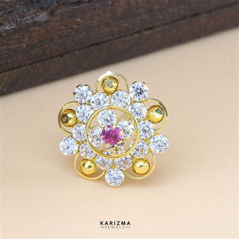 Cute Floral 18K Real Gold Indian Women Clear CZ Nose stud nose ring Pu ...