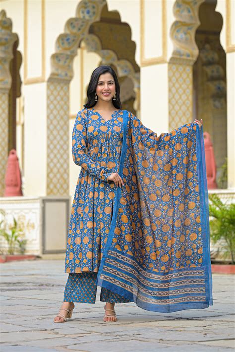 Pushkar Bloom Handblock Cotton Suit Set with Chanderi Dupatta