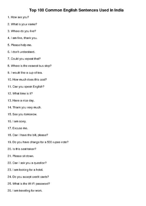 Top 100 Common English Sentences for Communication in India - Studocu