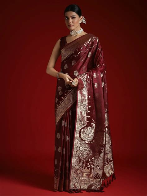 Shop Burgundy Banarasi Satin Woven Saree - Authentic Banarasi Sarees ...