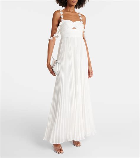 Bridal floral-appliqué pleated chiffon maxi dress in white - Self ...