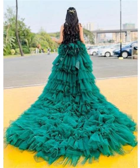G840, Luxury Bottle Green Infinity Frill Pre Wedding Long Trail Gown ...
