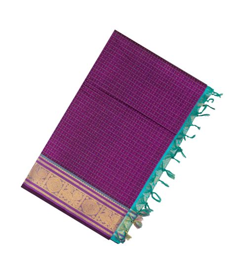Purple Handloom Silk Cotton Saree With Dots & Checks & Turquoise Pallu ...