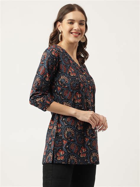 Divena Navy Blue Floral Printed Cotton Peplum V-Neck Top – divena world