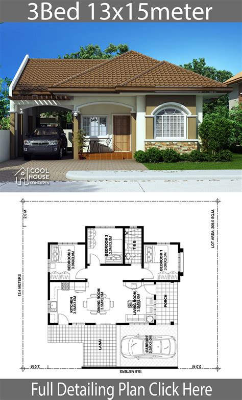 Home design plan 13x15m with 3 Bedrooms - Home Ideas