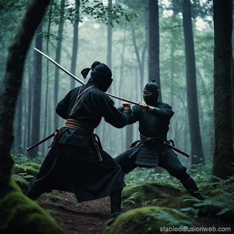 Ninja vs Samurai in Dark Forest | Stable Diffusion Online