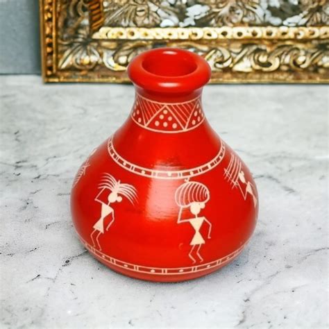 Small Warli Art Flower Pot/Vase, Red & White – Channapatna Toys