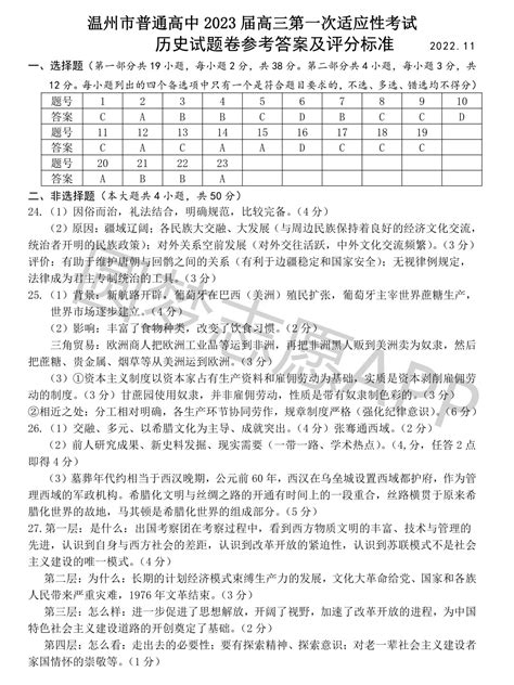 2023温州一模历史试题及参考答案汇总（已更新）-高考100