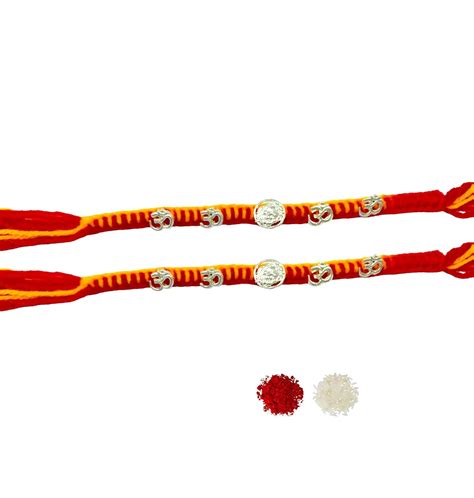 Buy Evisha Moli Thread 2 Silver Om Swastik Rakhi For Brother | Rakhi ...