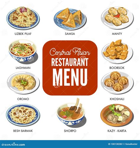 Central Asian Food Cuisine Traditional Dishes Vector Icons for ...
