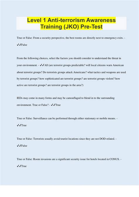 Level 1 Anti-terrorism Awareness Training (JKO) Pre-Test | Questions ...