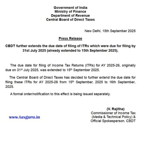 Due date for filing of Income Tax Returns extend to 16th September 2025