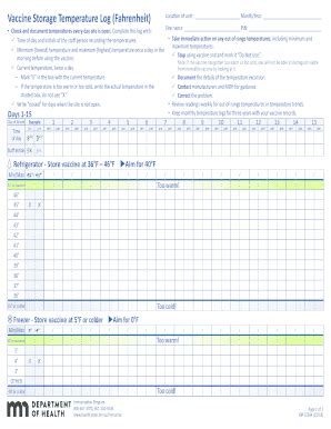 Fillable Online health mn Vaccine Storage Temperature Log (Fahrenheit ...