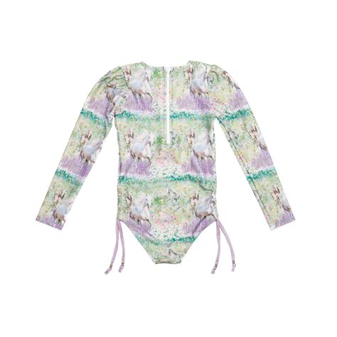 Girls Horses Long Sleeve Swimsuit with Side Ties - Olga Valentine Swimwear