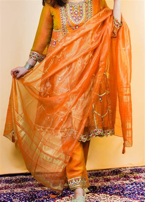 Orange Organza Frock Dress with Elegant Embroidery & Zari Work – Qalbi ...