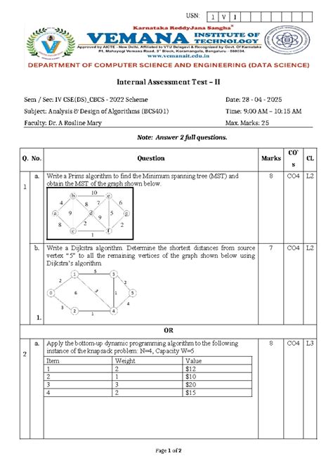 ADA IA2 SET1 - Internal Assessment Test II (BCS401) - Studocu