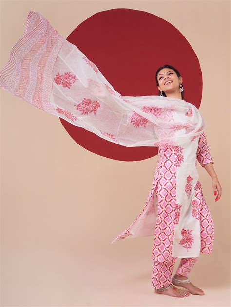 White Blue Hand Block Printed Cotton Suit- Set of 3