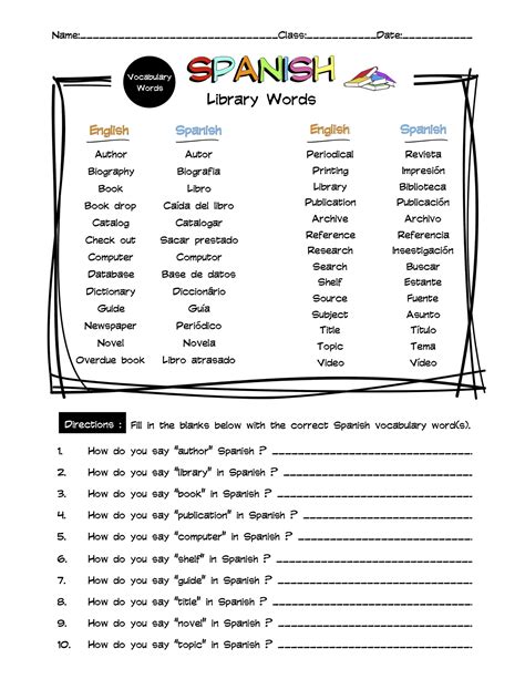 Spanish Library Vocabulary Word List Worksheet & Answer Key | Made By ...