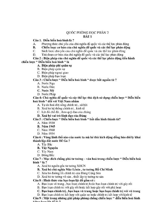 QUOC PHONG HOC PHAN BÀI 1: Câu Hỏi và Đáp Án Chiến Lược Diễn Biến Hòa ...