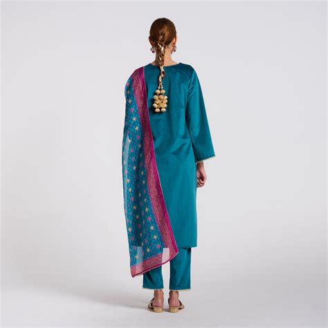Buy Teal Embroidered Zareen Velvet Set with Dupatta | Rustorange