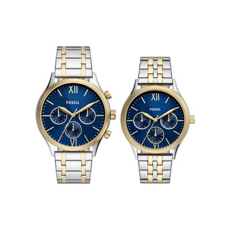 Fossil Fenmore Multifunction Blue Dial Analog Stainless Steel Couple W ...