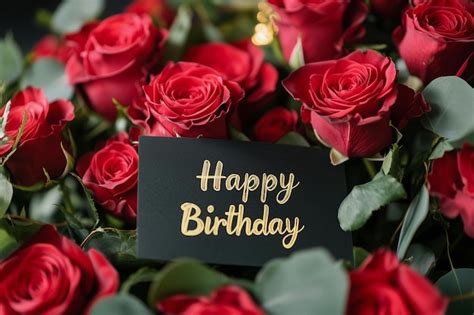 Blumenstrauß mit einer Karte mit dem Satz Glücklicher Geburtstag ...