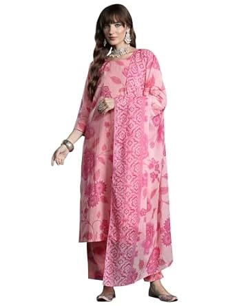 Buy INDO ERA Women's Peach Pure Cotton Printed Straight Kurta & Pant ...
