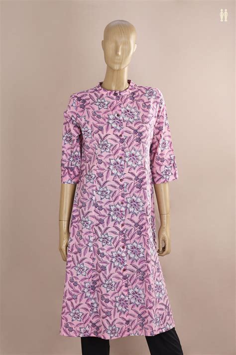Chinese Neck Floral Printed Pink Cotton Long Kurta