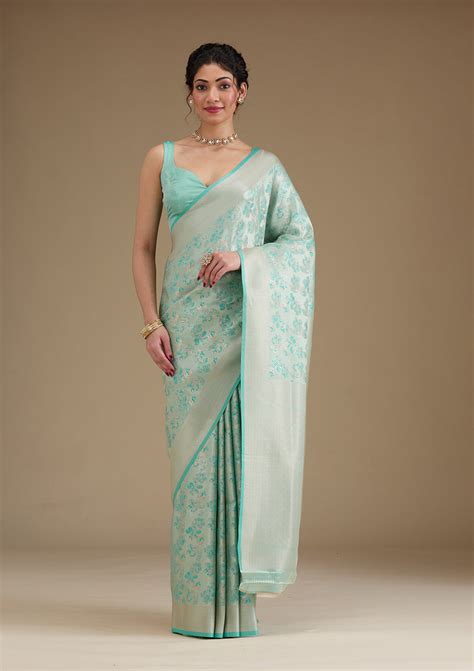 Buy Turquoise Blue Zariwork Satin Saree - Koskii