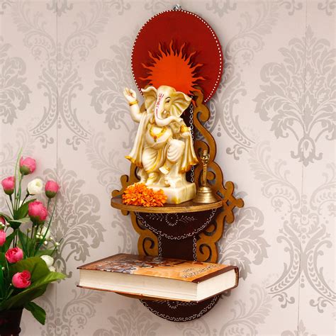 Brown & Red MDF Pooja Temple/Mandir with Additional Shelf - eCraftIndia ...