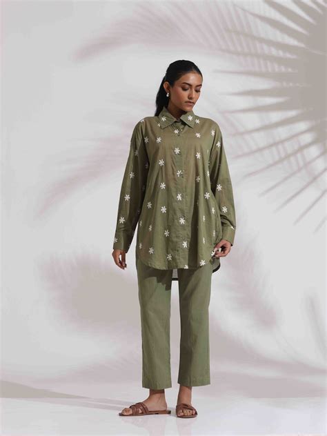 trueBrowns Olive Green Cotton Floral Embroidered Co-ord Set