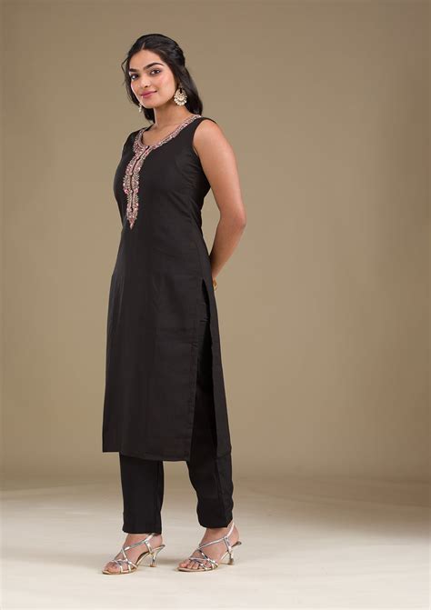 Buy Black Threadwork Art Silk Readymade Salwar Suit - Koskii