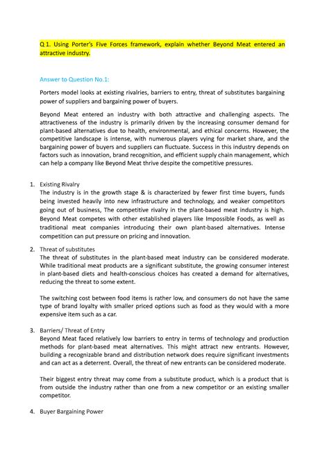 Answers for Assignment 3 - Group 3 - Q 1. Using Porter’s Five Forces ...