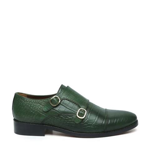Croco Textured Leather Double Monk Green Shoe
