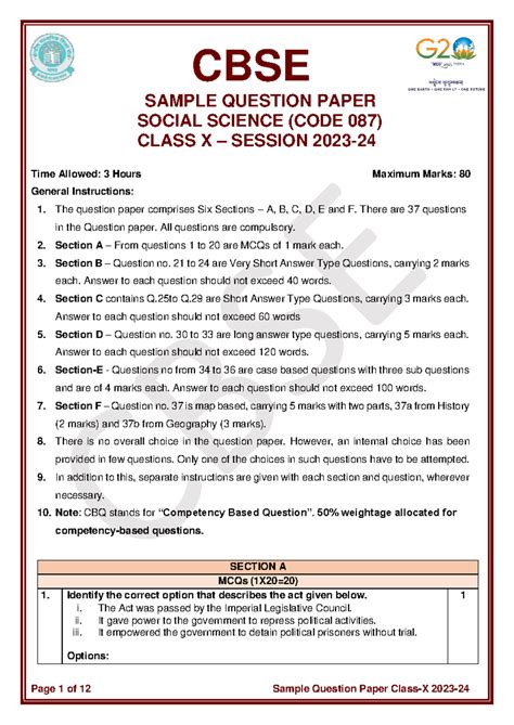 Social Science Sample Question Paper (Code 087) Class X - Studocu