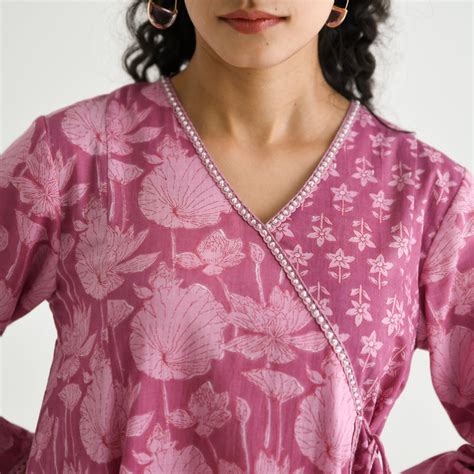 Buy Dusty Pink Floral Angarakha Cotton Kurta with Embroidered Neckline ...
