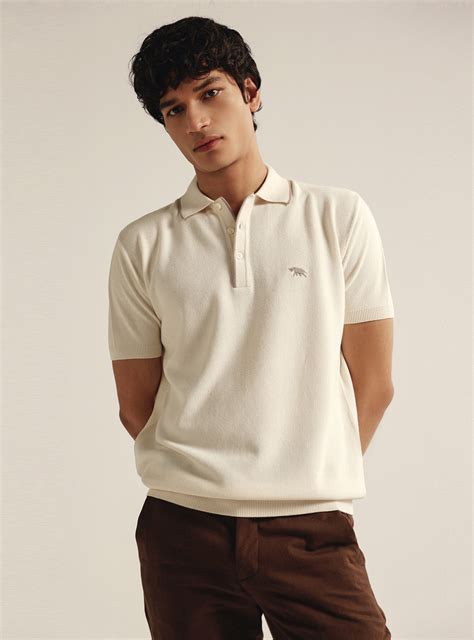 Buy Almond White Moss Knit Polo | Casual Off-White Structure Polo for ...