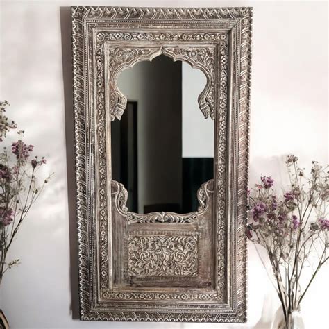 Handcarved Wooden Jharokha Wall Mirror – Carved Indian Wooden Frame ...
