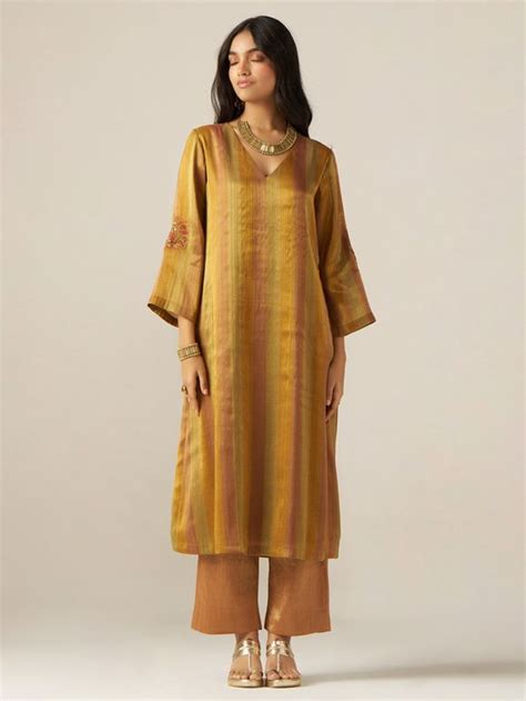Mustard Yellow Brown Printed Cotton Tissue Embroidered Kurta with Pants ...