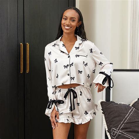 Cropped PJ Set + Velvet Ties - Ivory/Black Bows - XL | Black bow, Pj ...