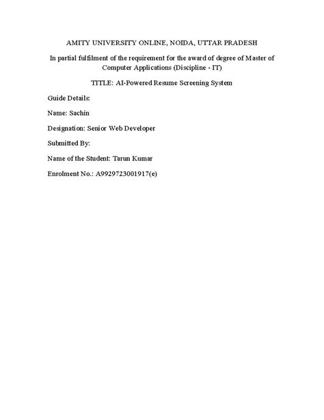 AI Powered Resume Screening System Project Report - MCA IT - Studocu