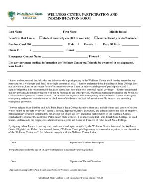 Fillable Online WELLNESS CENTER PARTICIPATION AND INDEMNIFICATION FORM ...