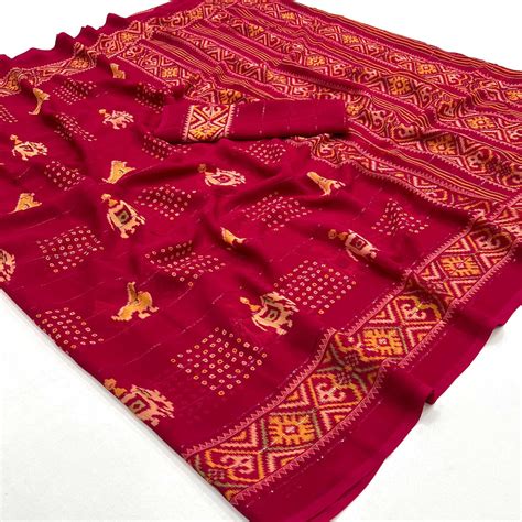 Rani Pink Bandhani Printed With Sequins Work Georgette Saree