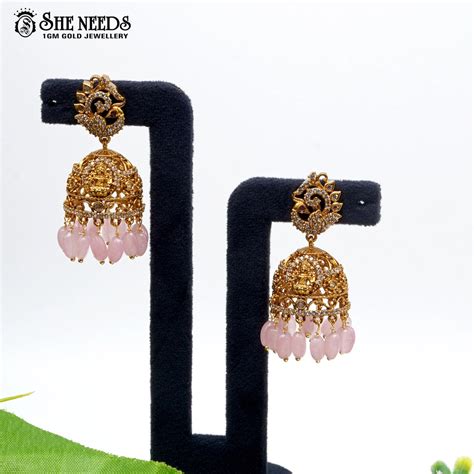 Gold Temple Jhumka Earrings with Pink Drops | Traditional South Indian ...