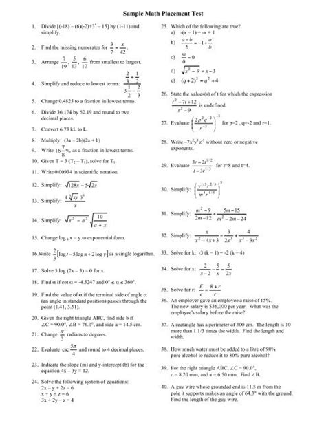 Image result for Math Placement Test Examples