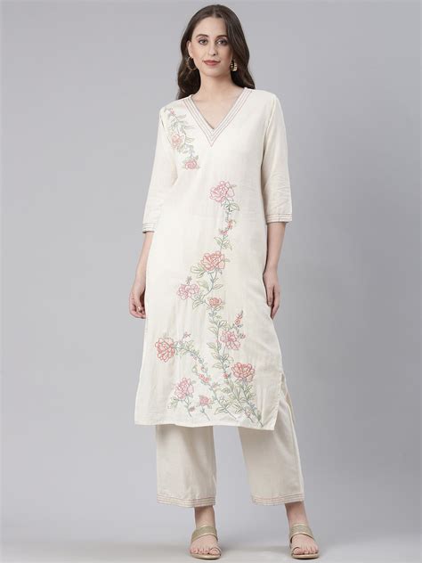 Neerus Cream Embroidered Straight Kurta and Trousers – Neerus India