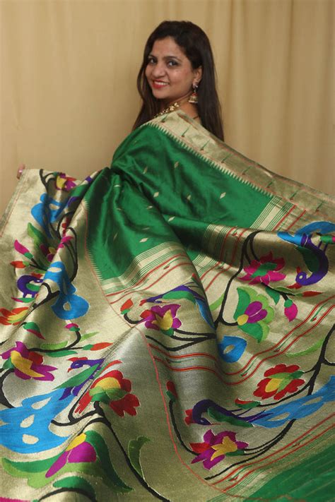 Green Paithani Silk Saree - Heavy Border Peacock Design