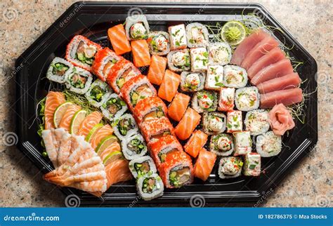 Sushi Maki Roll Set with Many Roll Types on Plate Stock Image - Image ...