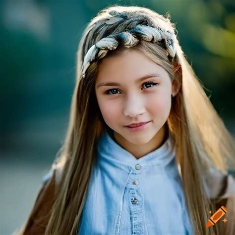 Portrait of a smiling tween girl with braided blond hair on Craiyon