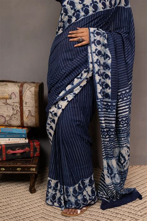 Shashi Kala - Indigo Blue Hand Block Printed Mulmul Cotton Saree – MeMaana
